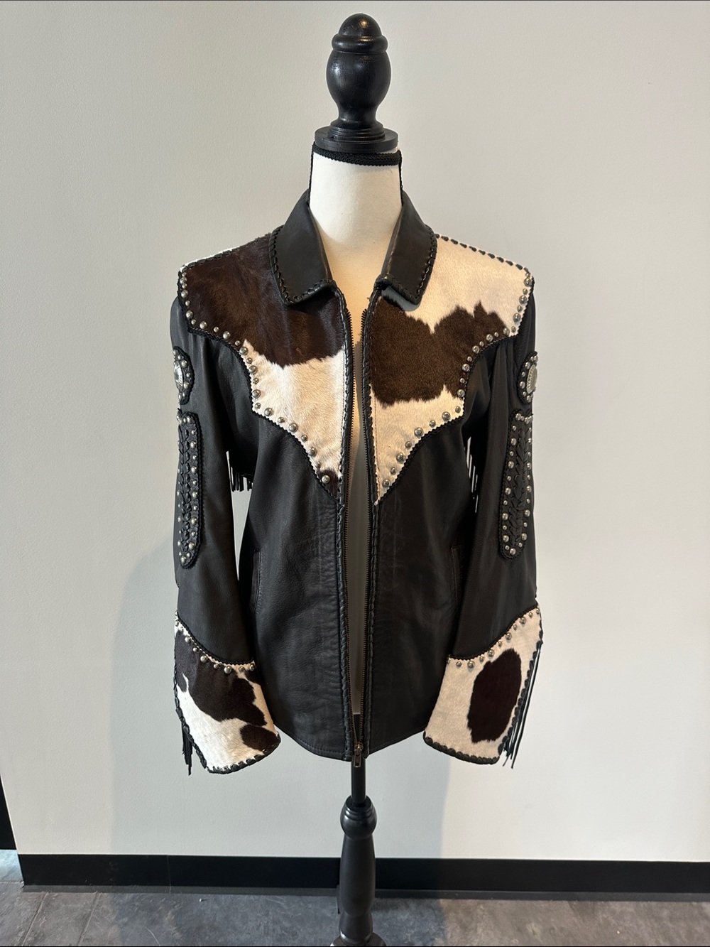 Black Cowhide Trim Leather Jacket - Women Size M-lable Camino